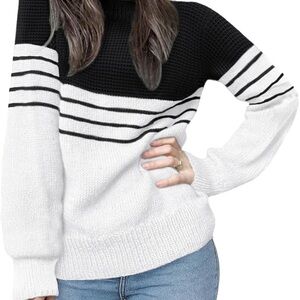 Chic Black and White Striped Turtleneck Sweater